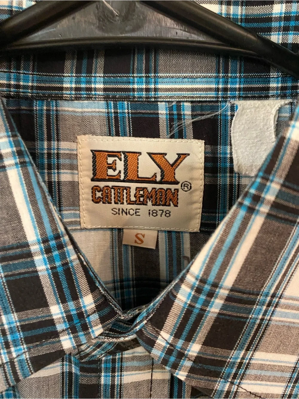 Ely Cattleman Western Pearl Snap Plaid Shirt Small Blue Gray Short Sleeve Cowboy - Picture 5 of 6